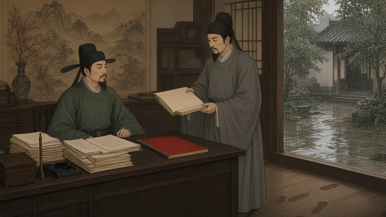 비 갠 현청, 서리가 인수인계부를 건넨다